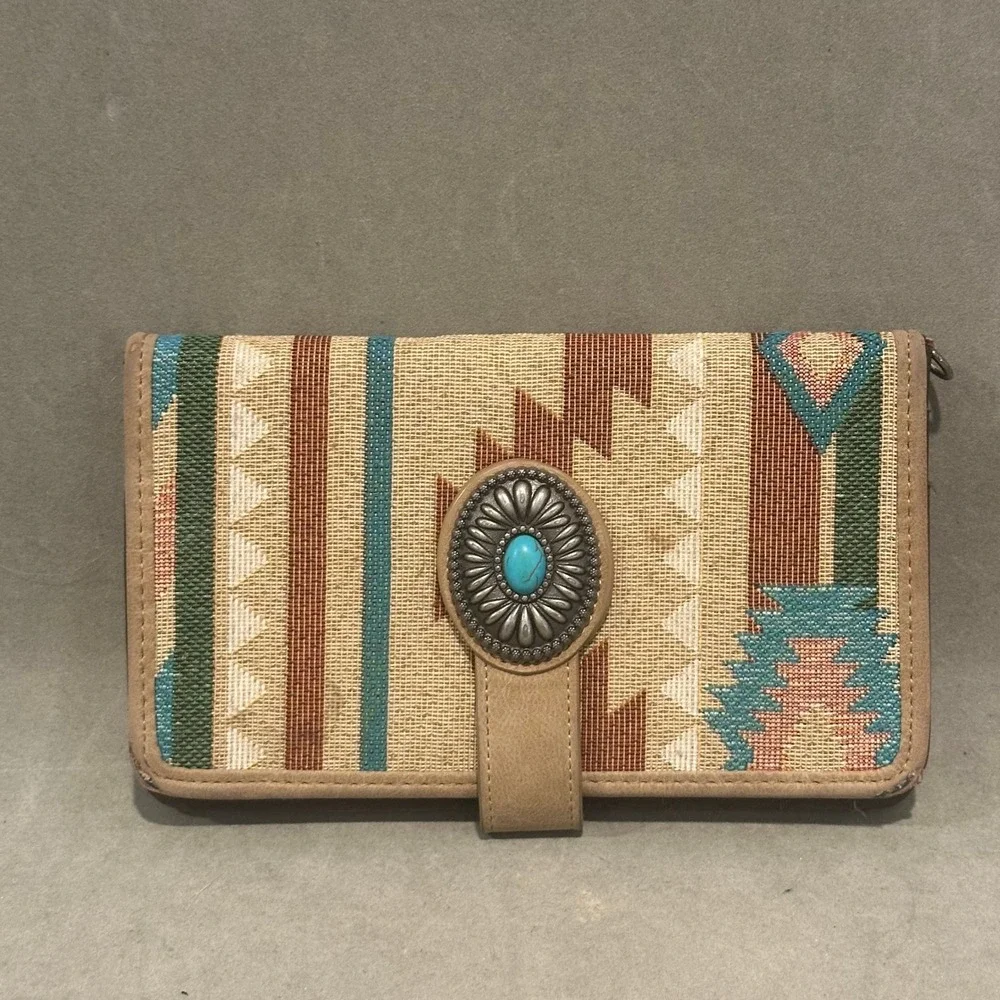 Southwestern Woven Tapestry Concho Wallet Turquoise Accent Bifold Tan Brown